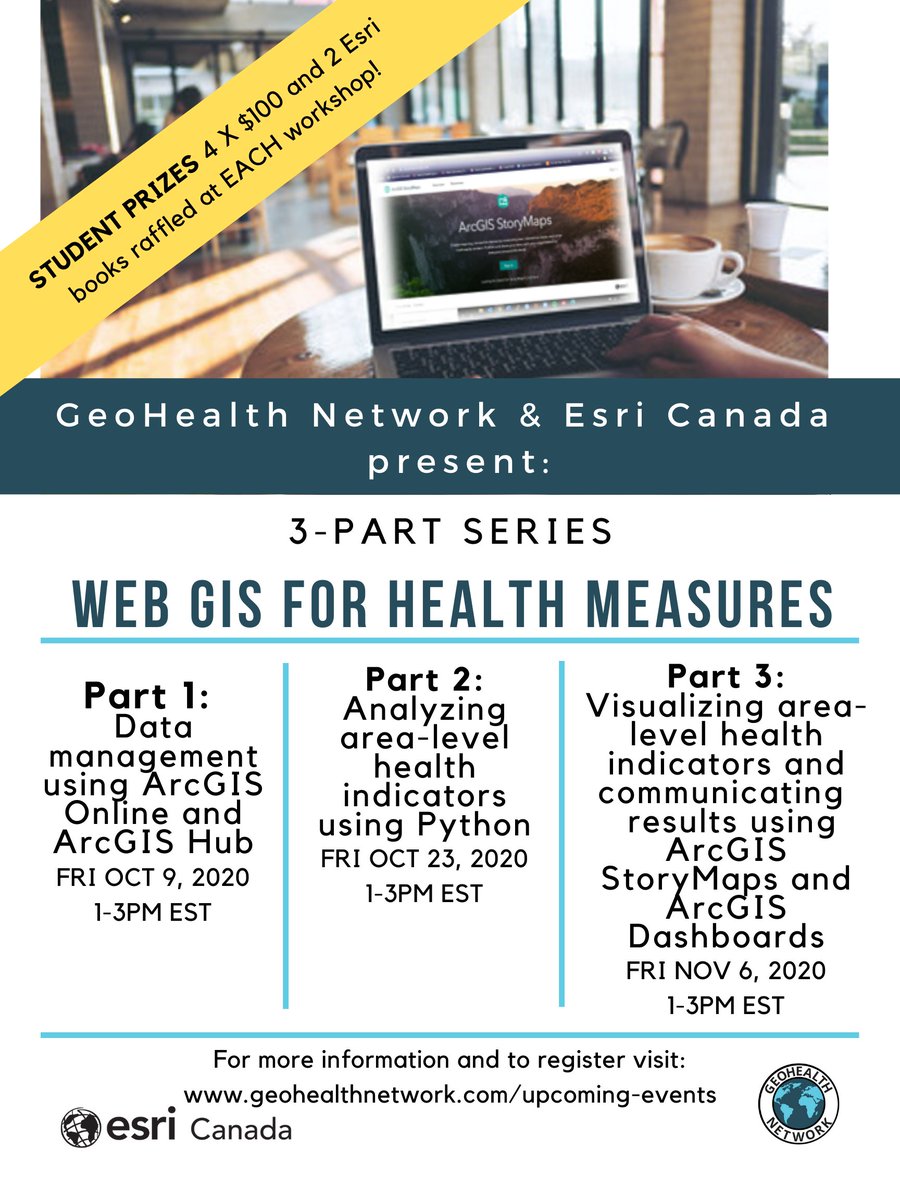 GeoHlthNetwork's tweet photo. We are kicking off the GeoHealth Network &amp; Esri Canada 3-part series on WEB GIS FOR HEALTH MEASURES this FRIDAY October 9th 1-3pm EST! Cash and book prizes to be raffled. We can't wait to see you there! Register at: https://t.co/vei8GRHVrf @esricanada @GIS4HEd @UofTCities https://t.co/ys0Tie6VsM
