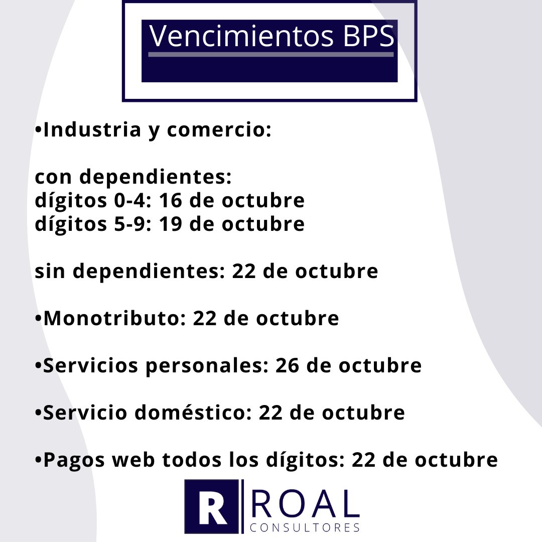 Detallamos los vencimientos de DGI y BPS correspondientes al mes de octubre.
✅ Revisa hasta qué fecha estás en plazo para pagar.
✅ Evita multas y recargos pagando en fecha.
Si te quedan dudas respecto a qué día vence el plazo para pagar tus obligaciones comunícate con nosotros!
