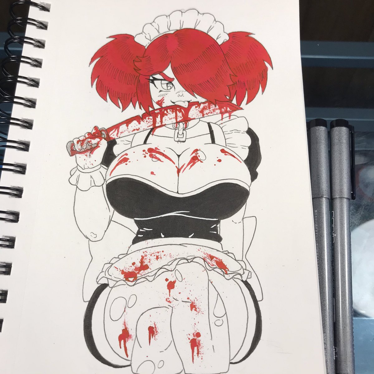Day 5! A seductive Slasher Maid 🌝👌#october #blackandred #pilotink #sexy #thicc #animemaid #slasher #sketchbook