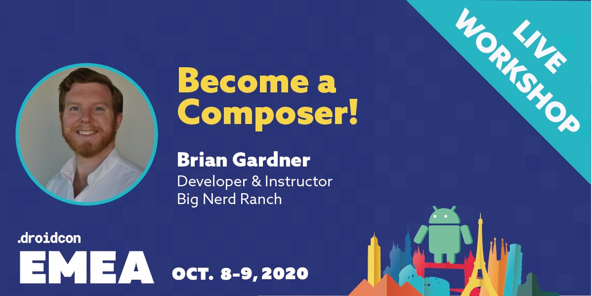 This workshop covers an introduction to the fundamental parts of #Compose: setting up views, managing state, and theming. <a href="/BrianGardnerDev/">Brian Gardner</a> at #dcEMEA Full abstract: online.droidcon.com/emea-speaker/b…
