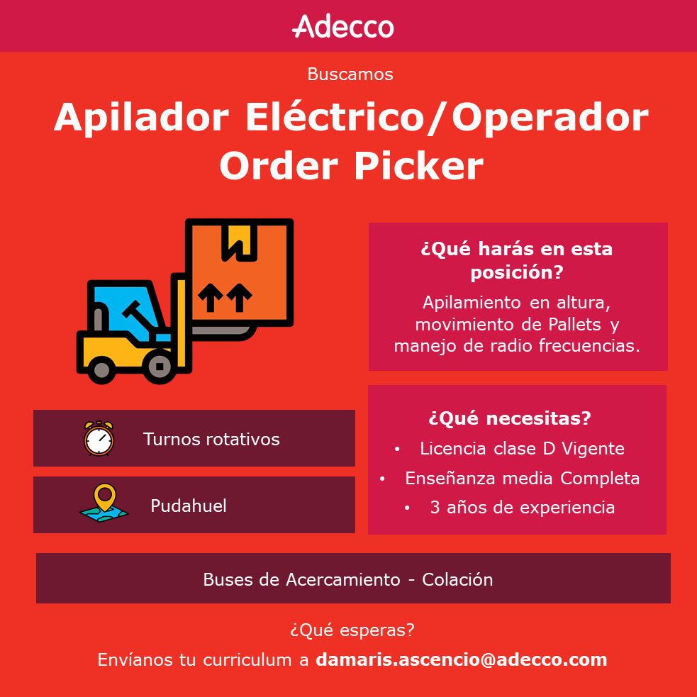AdeccoChile's tweet photo. ⚠️Atención⚠️ Buscamos Apilador Eléctrico y Operador Order Picker. ¡Desliza para ver las diferentes áreas y cómo puedes postular! #Trabajo #Apilador Operador #Pudahuel https://t.co/nTyGaOwHdv