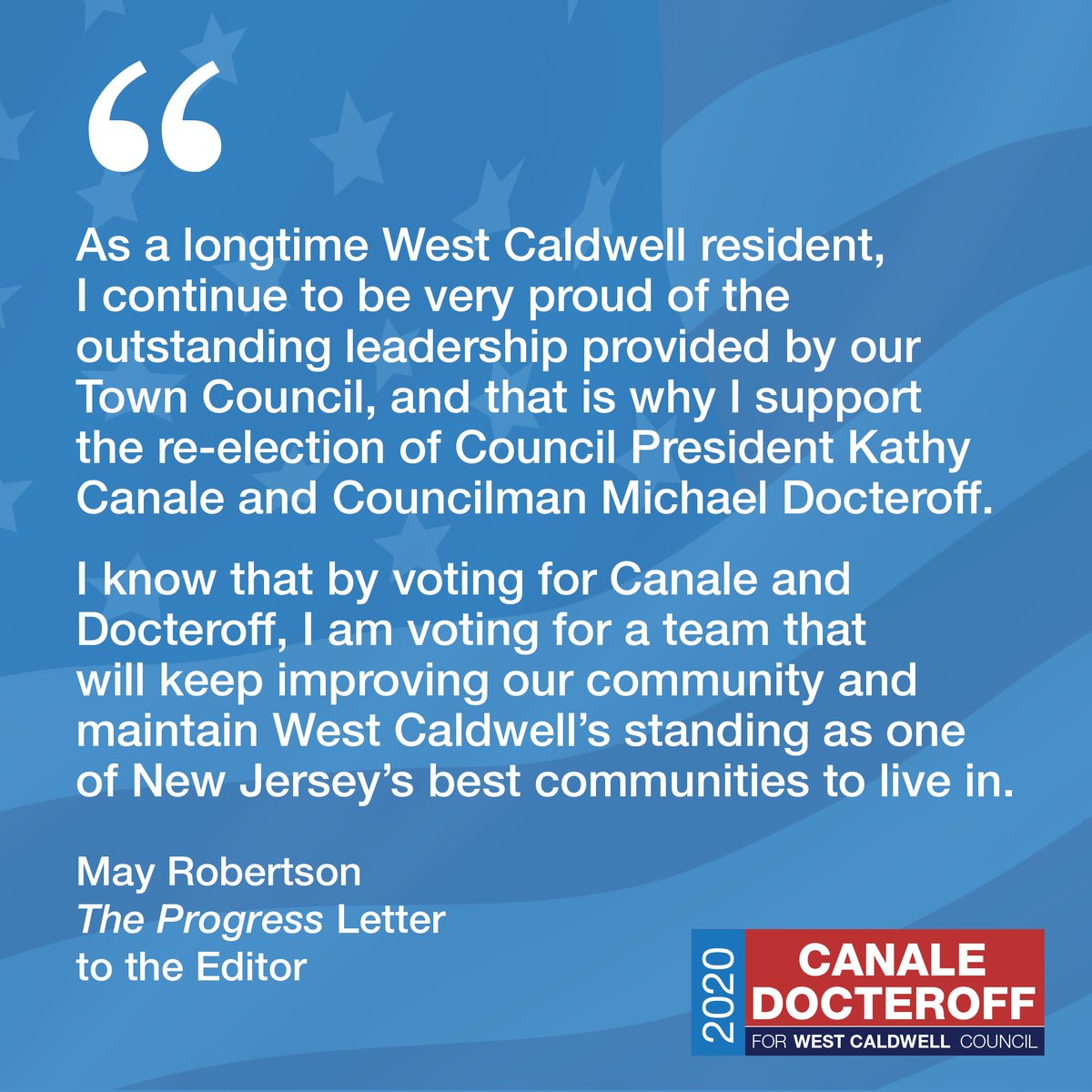 Re-elect Canale & Docteroff for West Caldwell Town Council—vote Line B!
🇺🇸
#localmattersmost #canaledocteroff2020 #westcaldwellnj #westcaldwell #election2020 #vote2020 #registertovote #caldwellnj #westessex