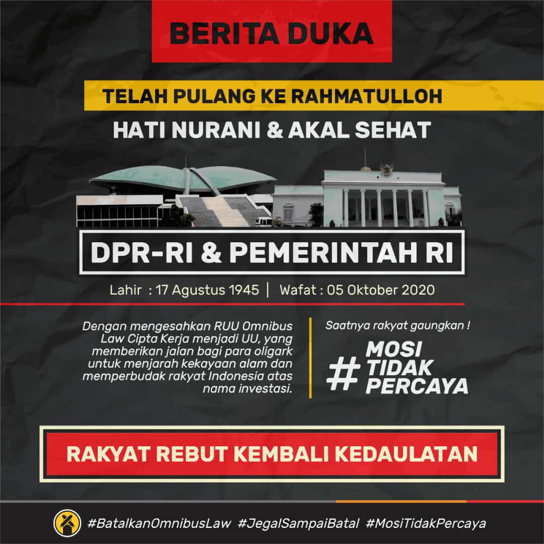 Kepentingan sepihak, picu banyak amarah. Nilai Pancasila seakan diperkosa. Petinggi tertawa
Rakyat yang menampung duka🔥
~GWS62 

#TolakOmnibusLaw
#BatalkanOmnibusLaw
#JEGALSAMPAIBATAL
#JEGALSAMPAIBATAL
#MosiTidakPercaya
#DPRRIKhianatiRakyat 
#AtasiVirusCabutOmnibus