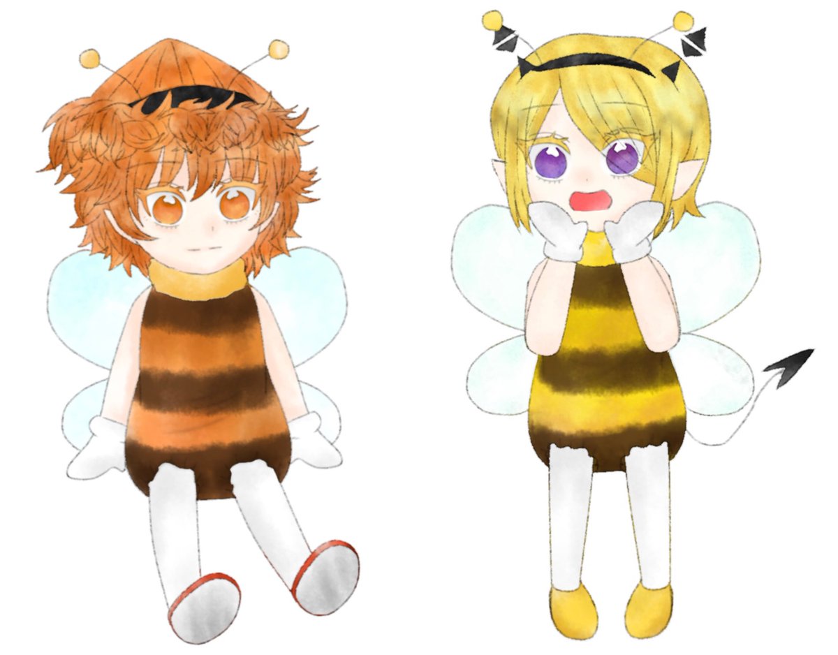 v_dhym's tweet photo. 描けた〜！！
蜂さんアガレスくんと蜂さんリードくん！！！！
蜂さん急に思い浮かべて昨日から描きました(​ *´꒳`*​)
こういうの描きなれてないし塗りなれてないので甘くみてね´ω`)ﾉ https://t.co/IEjT7je2A7