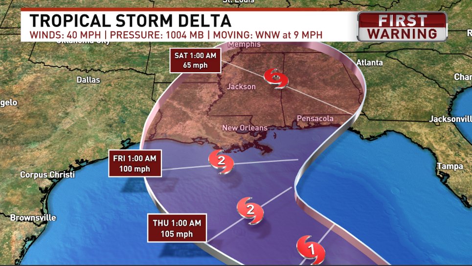 JNeubauerWx's tweet photo. We now have Tropical Storm #Delta 

Here is the latest track. #NWFL still in the cone. Another update coming at 10:00AM https://t.co/TPHi737g3Y
