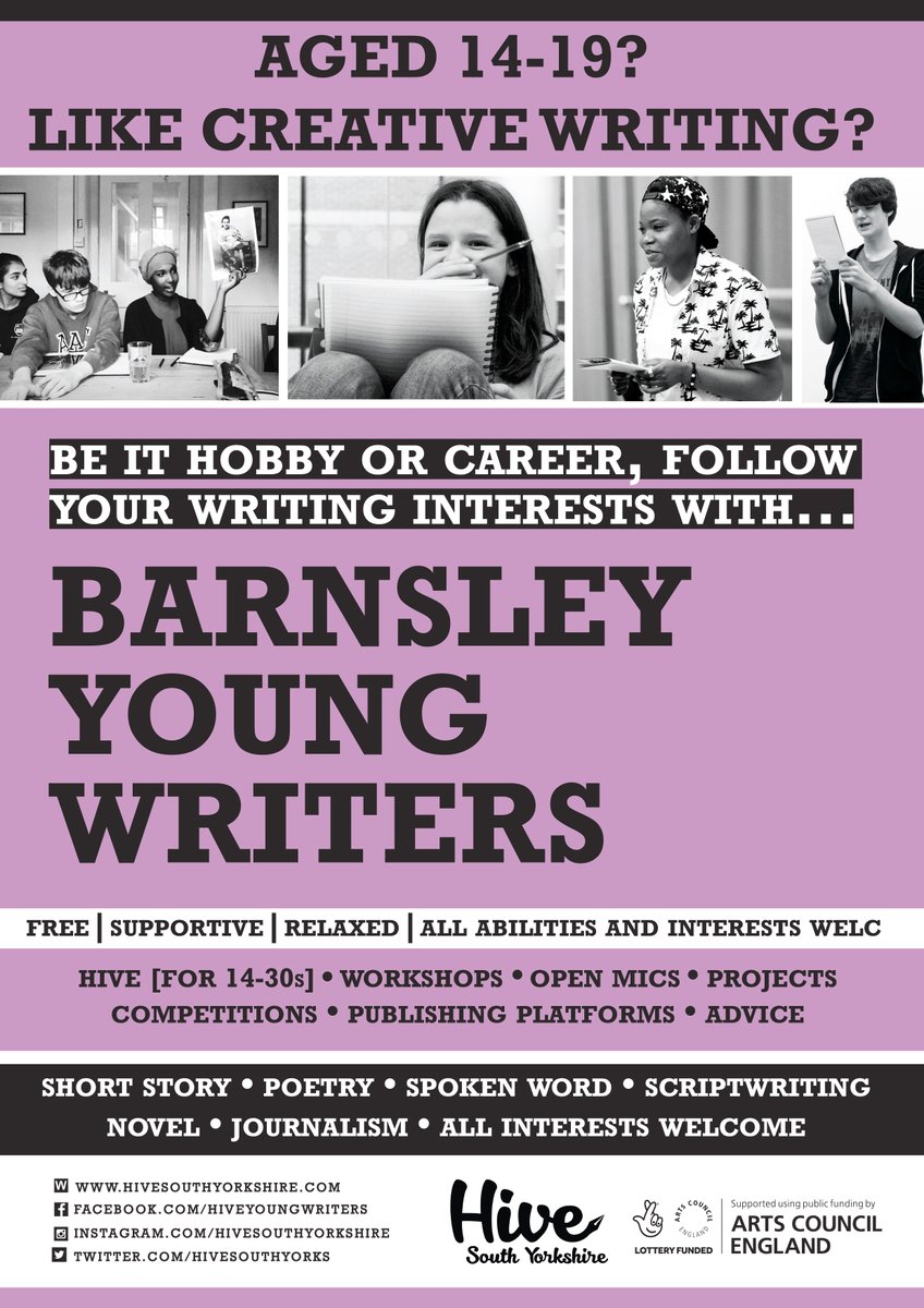 HiveSouthYorks's tweet photo. Calling teachers & young creatives (14-19) #Sheffield #barnsley #doncaster #rotherham young writers wants to hear from u! Be it hobby or career interest, check out our young writers groups. Friendly FREE & relaxed Pls RT help us reach teachers & young people! #SupportYoungWriters https://t.co/kQemPaXgvx