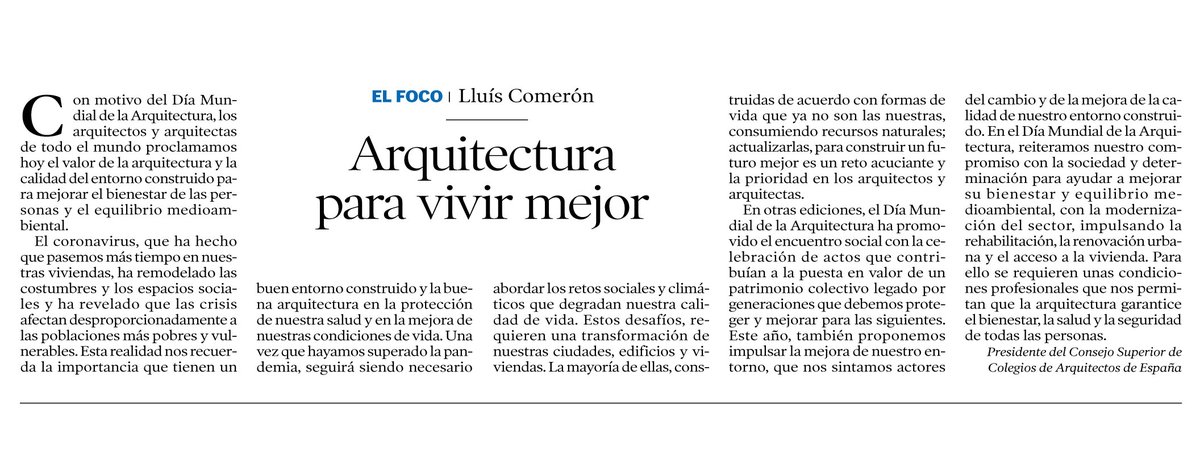 CSCAE's tweet photo. "El #DíaMundialArquitectura, reiteramos nuestro compromiso con la sociedad y determinación para mejorar su bienestar y equilibrio medioambiental, modernizando el sector, impulsando la rehabilitación, la renovación urbana y el acceso a la vivienda" @presidenteCSCAE en @heraldoes https://t.co/6J4xDEO5Sb