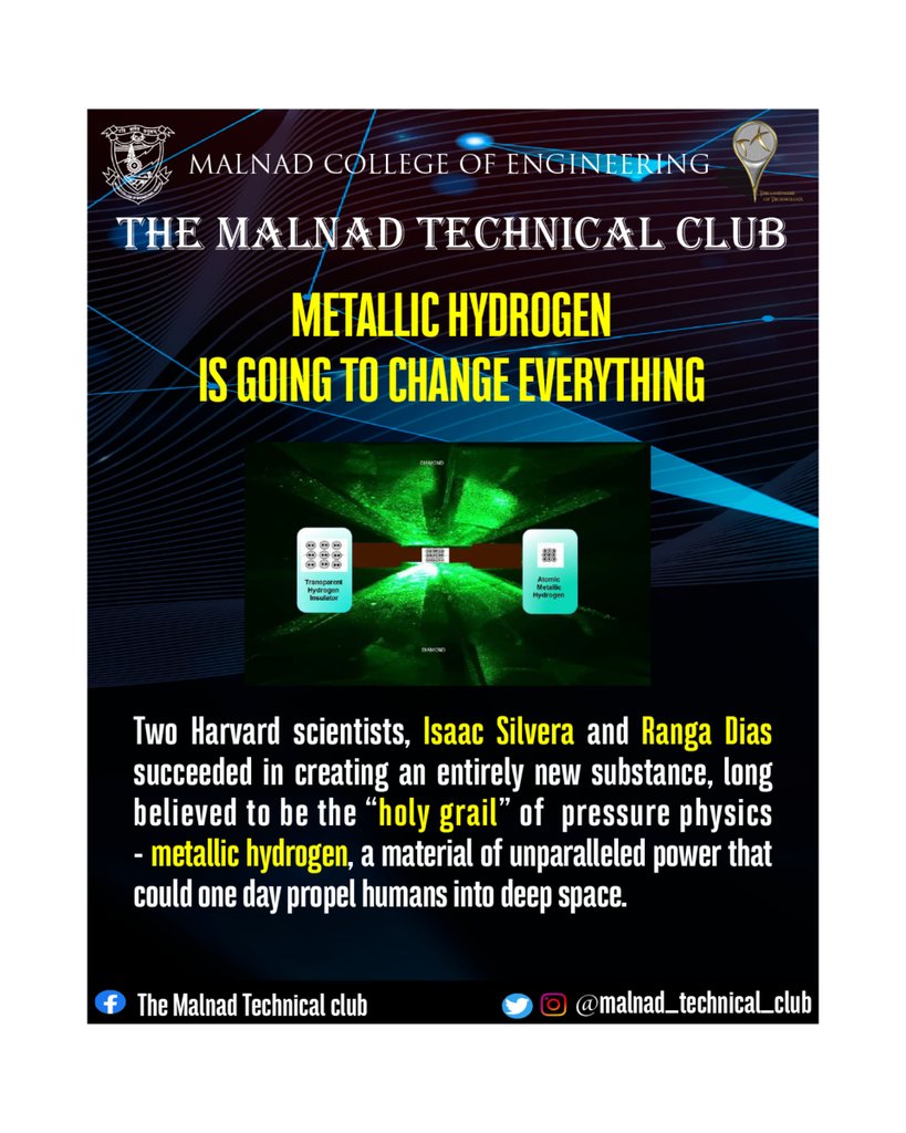 MalnadTechClub's tweet photo. Believed to be the "Unicorn of Physics", the elusive Metallic Hydrogen and it's immense power will step up the game in futuristic technology.
#mce #malnadtechnicalclub  #covid19 #vtu #didyouknow  #Harvard #physicist #metallicphysics #elonmusk #tesla #metallichydrogen https://t.co/kyxxQ1Oluj