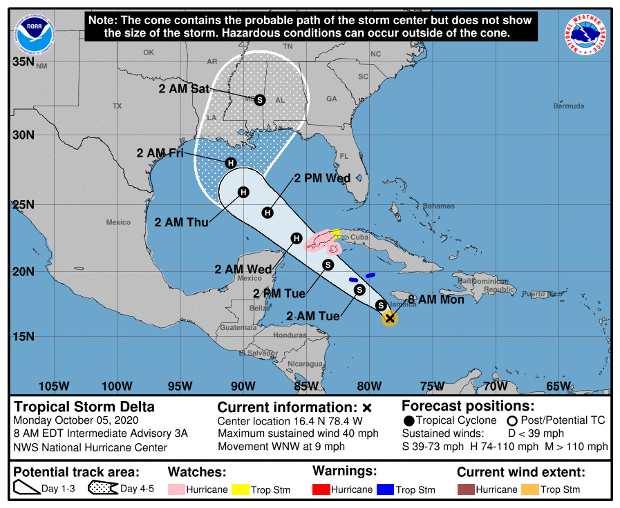 Tropical Storm #Delta has formed over the northwestern Caribbean Sea.  Additional strengthening is likely and the system is expected to be at or near hurricane strength when it pass near or over western Cuba late Tuesday or early Wednesday. Latest at hurricanes.gov