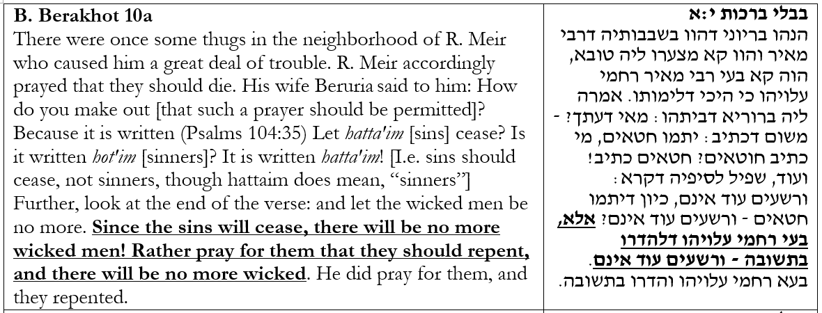 25. In this often-cited passage, R. Meir's wife Beruriah corrects him praying for harm to come to his antagonizers, interpreting Ps. 104:35 as not referring to "sinners" but "sins." She further evokes Ez. 18:33, 33:11 in preferring people repent rather than be punished.