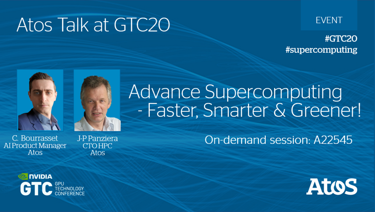 Eviden_Compute's tweet photo. Join Atos at #GTC20 this week! We invite you to connect to our on-demand Talk [A22545]: "Advance Supercomputing - Faster, Smarter &amp; Greener" with JP Panziera, CTO #HPC and @CBourrasset, #AI Product Manager @Atos 
#supercomputing #decarbonization
https://t.co/Kx2SR8O9DP https://t.co/BVQ8Jc4MLy
