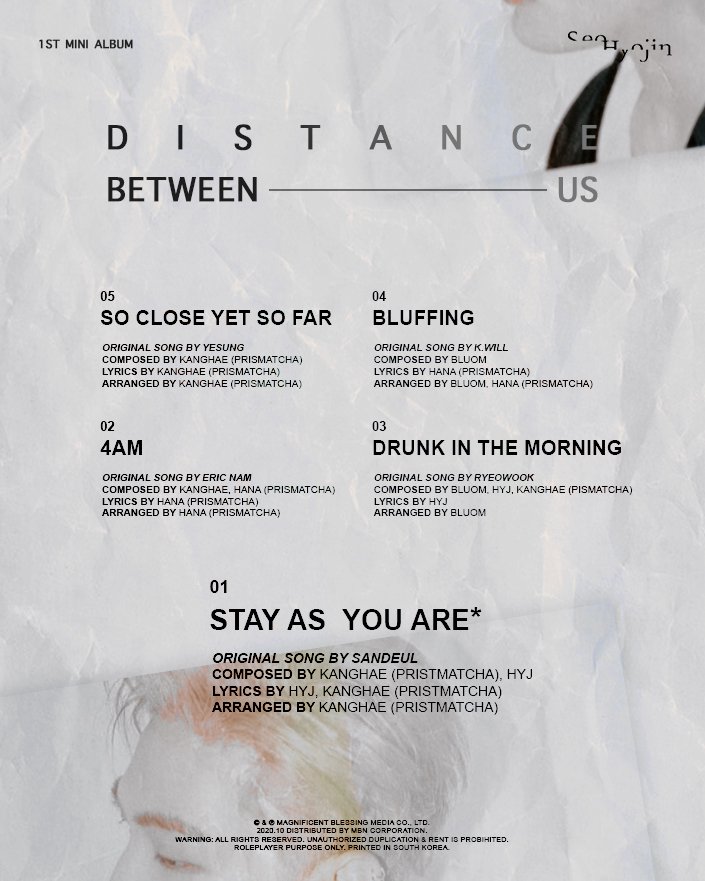 ㅤㅤ
SEO HYOJIN 1ST MINI ALBUM “DISTANCE BETWEEN US”

TRACKLIST RELEASE

2020.10.10 4PM KST

#MBN_MEDIA #SEO_HYOJIN #서효진 #DISTANCE_BETWEEN_US #20201010