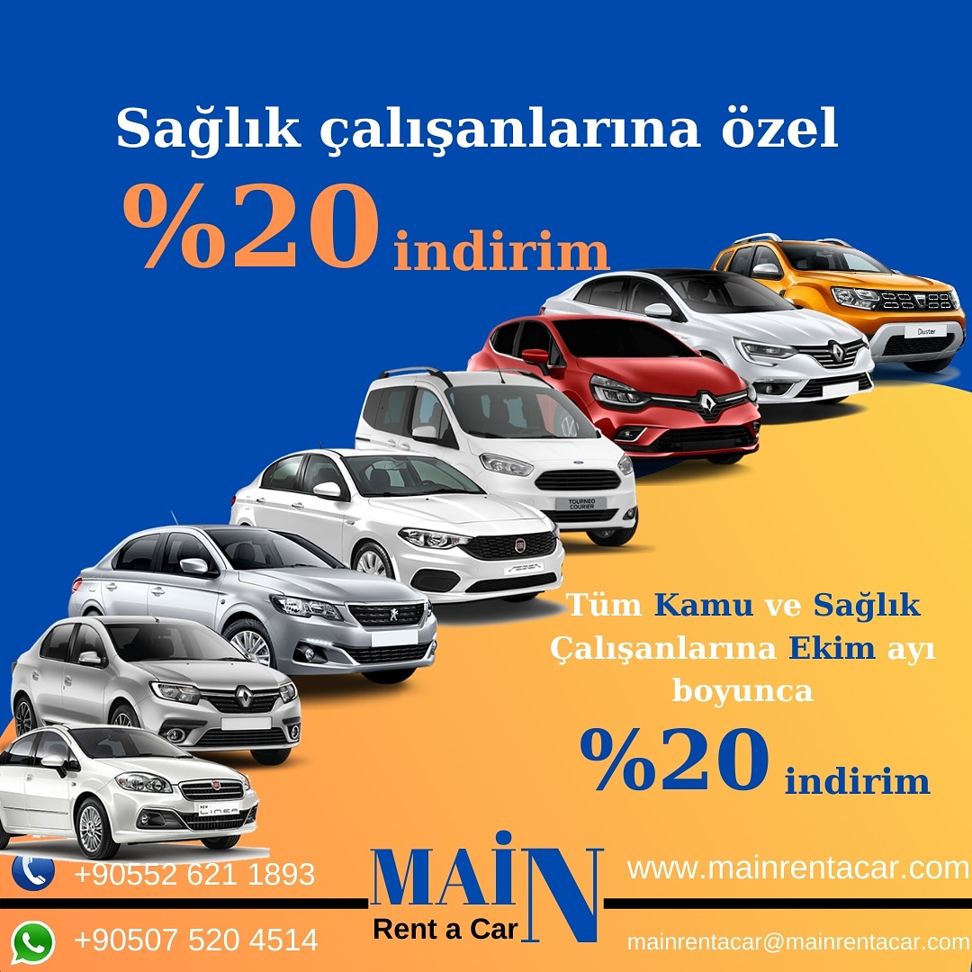 Tüm Kamu ve Sağlık çalışanlarına özel Ekim ayı boyunca %20 indirim.
Detaylı bilgi için;
+90552 621 1893
mainrentacar.com
#mainrentcar
#COVID19
#chep #feast #araçkiralama #izmir