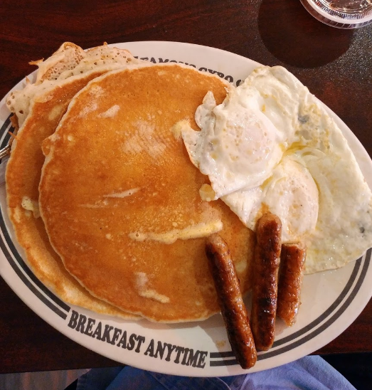 Gyro_George's tweet photo. Cleveland, this one’s for you! Our favorite pancake breakfast is named after our favorite city.  
 
 “THE CLEVELAND” is 2 pancakes, 2 eggs and sausage. 
We offer breakfast ANYTIME! ☀️🌒🌙 
 
Order Online through our website: https://t.co/Bzo4kBaF5o          https://t.co/A0HcOf717C