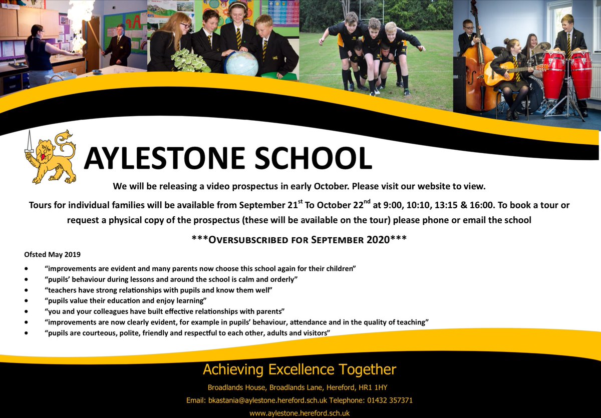 Aylestone_hfds's tweet image. Unfortunately due to the current COVID-19 situation we are unable to host an Open Evening.

We’ve made a video to give you an idea of what it’s like to study at Aylestone. It can be viewed here...

youtube.com/watch?v=OwHe7L…

Please book a tour to see for yourselves. #HerefordHour