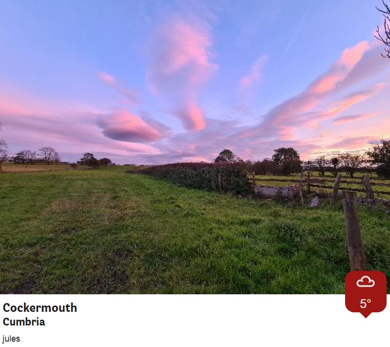 Lenticular clouds take on a pink hue during sunset on Friday. Pic taken in Cumbria by Jules.