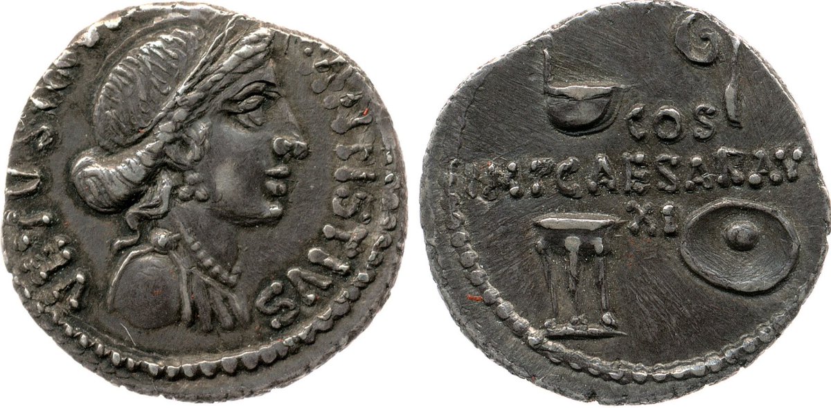 The coin is also clearly modelled on the famous denarius issued by Augustus in 16 BC, itself commemorating the fact that Augustus had been created a member of each of these groups.Image: RIC Augustus 367; British Museum (R.6045)