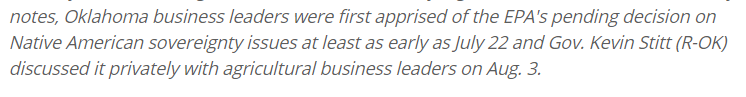 Who found out about all this BEFORE the tribes did?Oklahoma's petroleum and big ag industries. They first learned of it literally THE DAY Oklahoma's governor asked the EPA to kneecap the tribes.Ti-Hua ALSO broke THIS story.IS ANYONE ELSE PAYING ATTENTION TO THIS???