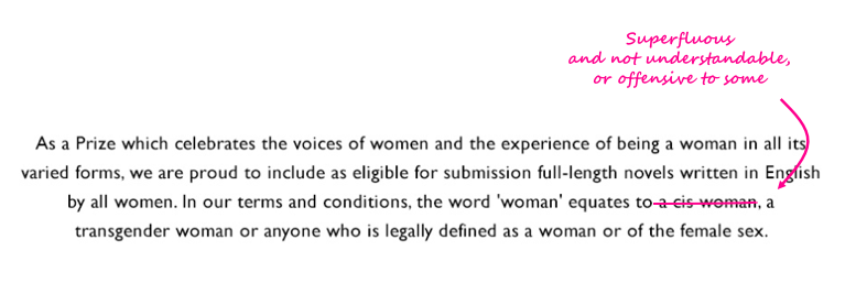 What should be in the terms and conditions?"cis women" is hard to understand, and is seen as offensive by many womenIts also superfluous since everyone in this category is also in the "female" category.Lets remove it, since this doesn't exclude any individuals.