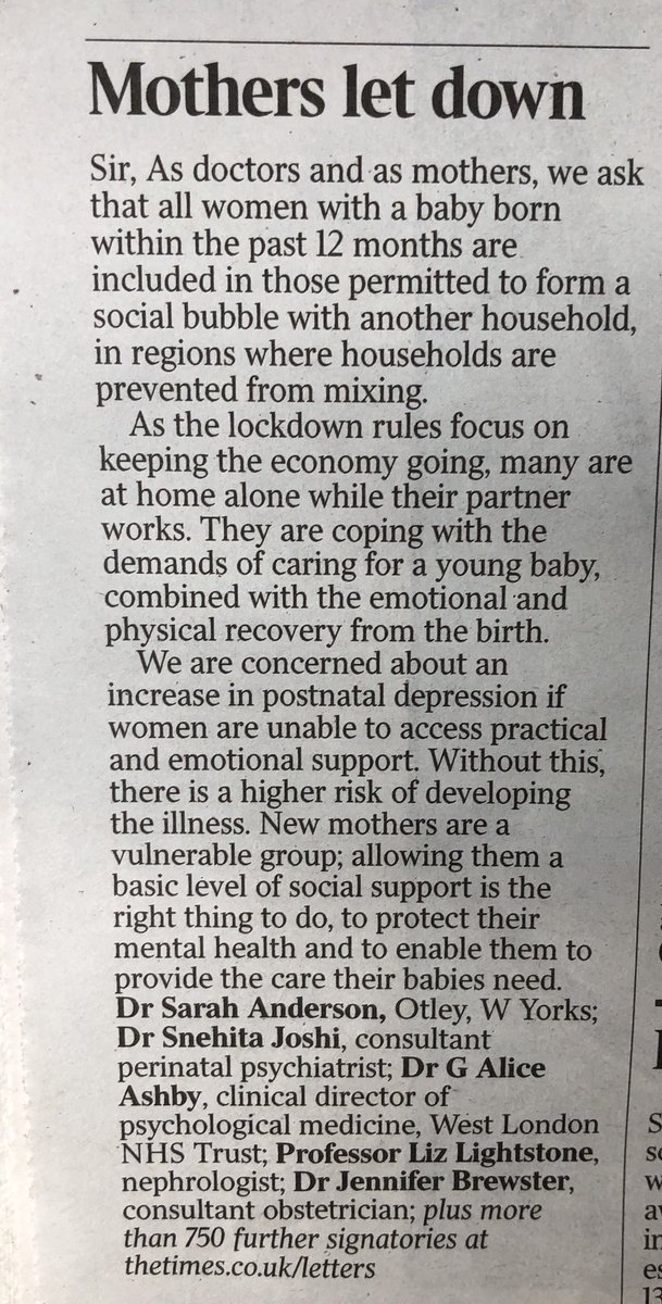 Letter from senior Drs in <a href="/thetimes/">The Times and The Sunday Times</a> – mothers of new borns should be exempt from ban on household mixing during any local lockdowns. 
Postnatal depression = just as big a problem as Covid.