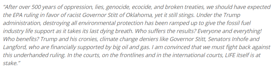 Here's the statement we got from Casey Camp-Horinek, Environmental Ambassador & Elder & Hereditary Drumkeeper Ponca Tribe of Oklahoma: