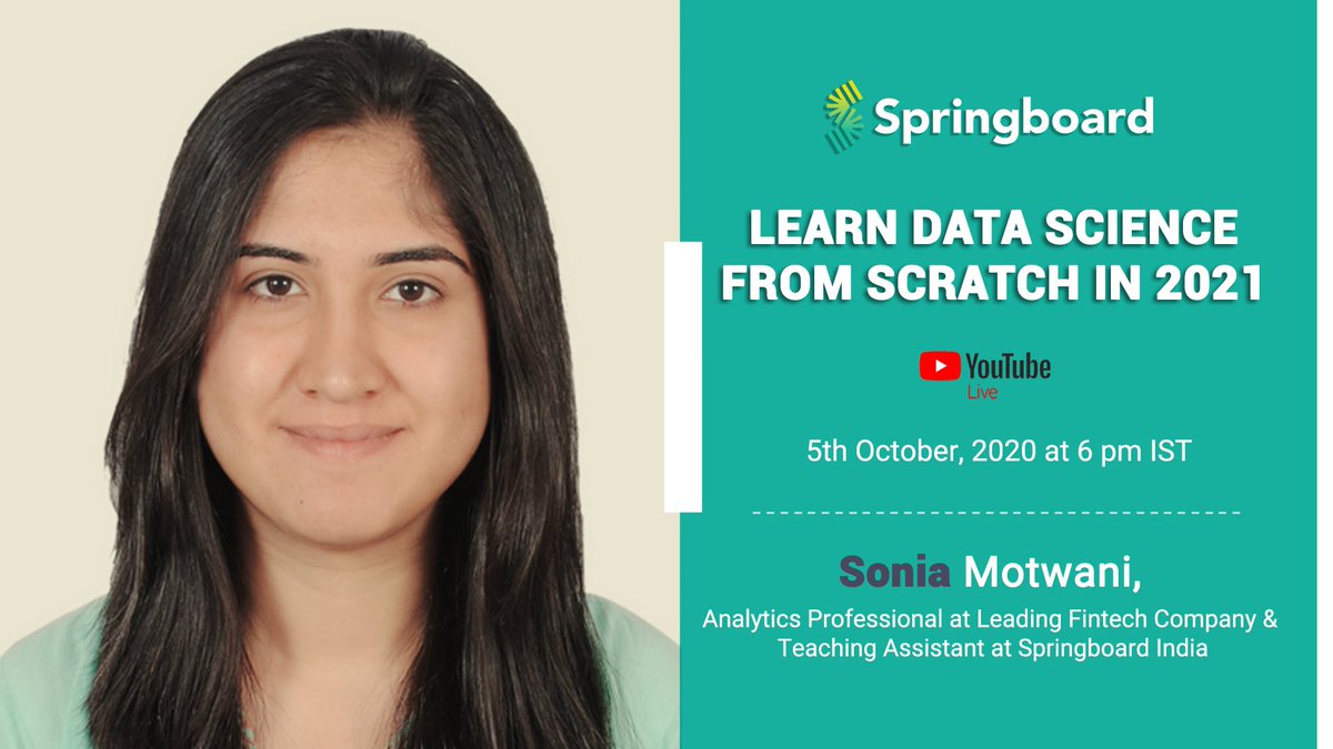 springboard_ind's tweet image. 🚨 LIVE ALERT! Welcome 2021 with a new set of skills and a promising new career. Tune in to this interactive live session about learning Data Science from scratch, with Sonia Motwani, an Analytics professional and a mentor with Springboard India. 
🔗: hubs.li/H0xpKwB0