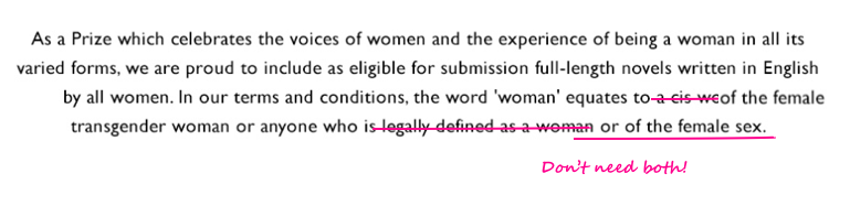 Do they really need "anyone who is legally defined as a woman" AND people "of the female sex" -- these two categories are almost the same population apart from <0.01% of people who have legally changed sex