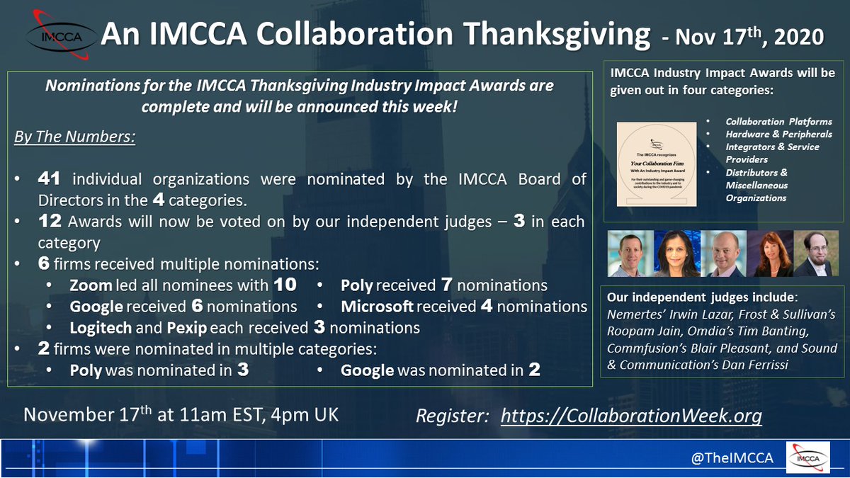 Nomination Week! <a href="/THEIMCCA/">IMCCA</a> Board completed award nominations, sent them to the independent judges and all will be announced this week! For today we go #ByTheNumbers. Congrats to @zoom_us <a href="/PolyCompany/">HP Poly</a> <a href="/Google/">Google</a> <a href="/MicrosoftTeams/">Microsoft Teams</a> <a href="/LogitechVC/">LogitechVC</a> @PexipInc Register: CollaborationWeek.org