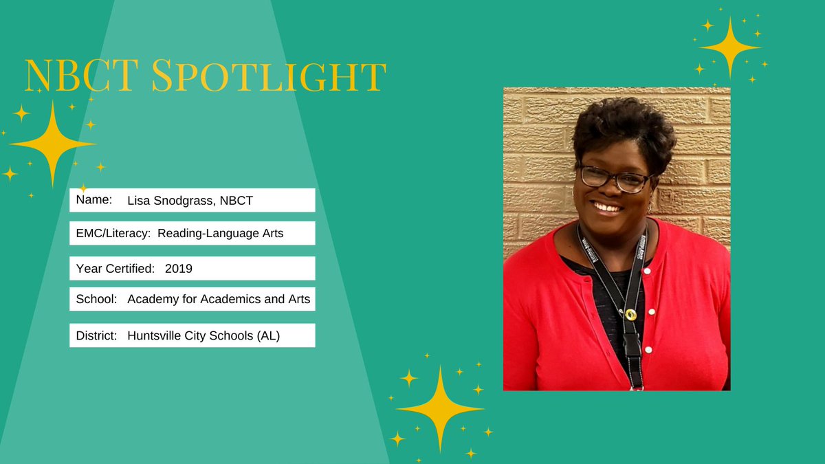 NBPTS's tweet image. Meet @LisaSnodgras she is an #NBCTstrong teacher at @AAcademicsArts in @HSVk12 Huntsville, AL, certified in Literacy: Reading-Language Arts/Early And Middle Childhood.