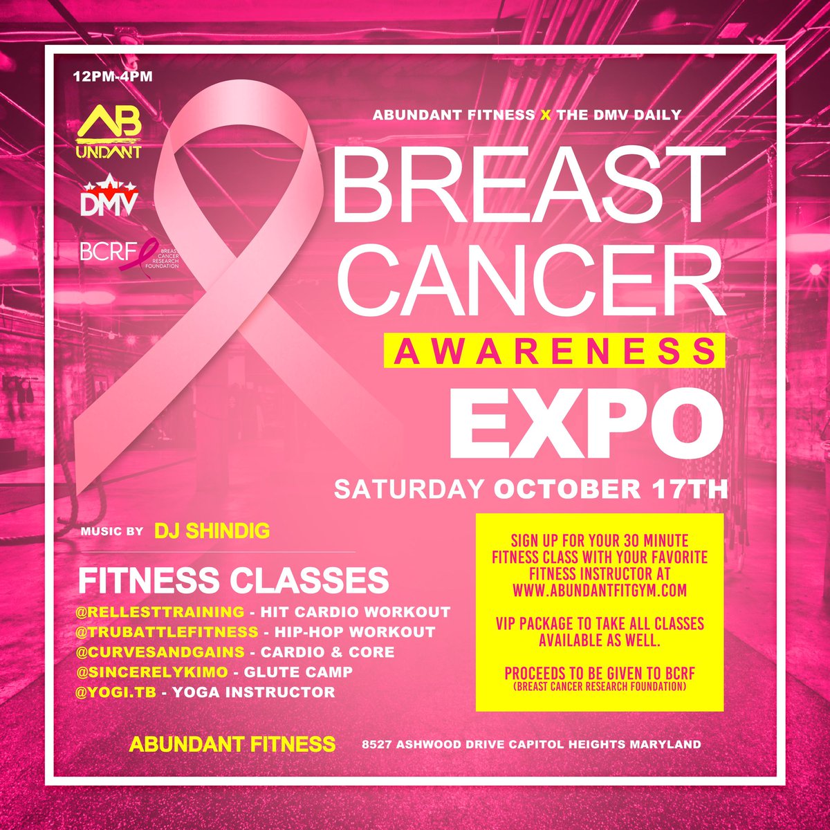 TaeSweizy's tweet photo. Breast Cancer Awareness EXPO on October 12th at Abundant Fitness. Sign Up For A 30 Minute Session With One Of The Top DMV Fitness Trainers.

Proceeds Will Be Donated To @BCRFcure In The Continue Fight Against Breast Cancer. https://t.co/XgQ9z0bfM9