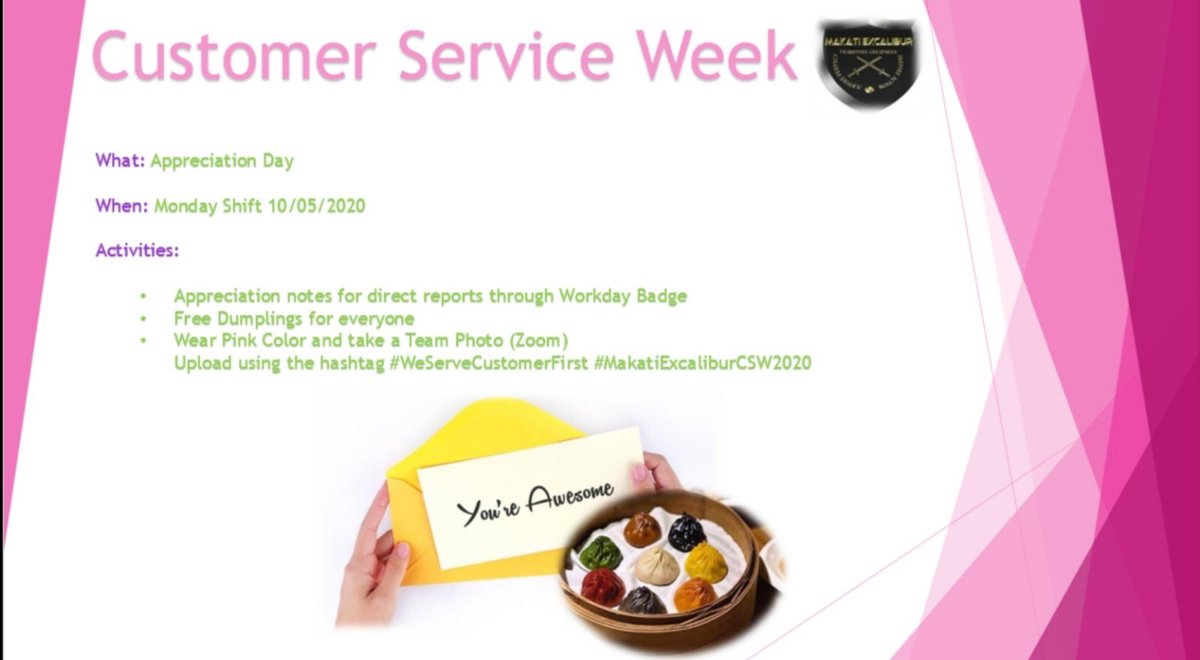 G5MVB_STAR's tweet photo. Happy Pink Monday Everyone! 
Day 1 of Customer Service Week 🤗

SOM Mel will officially open the Customer Service Week tonight 👌

Let's make sure to send our appreciation notes to our direct reports through Workday Badge ❤️

Tonight, we will also serve Free Dumplings for every1! https://t.co/lZgT8cQlge
