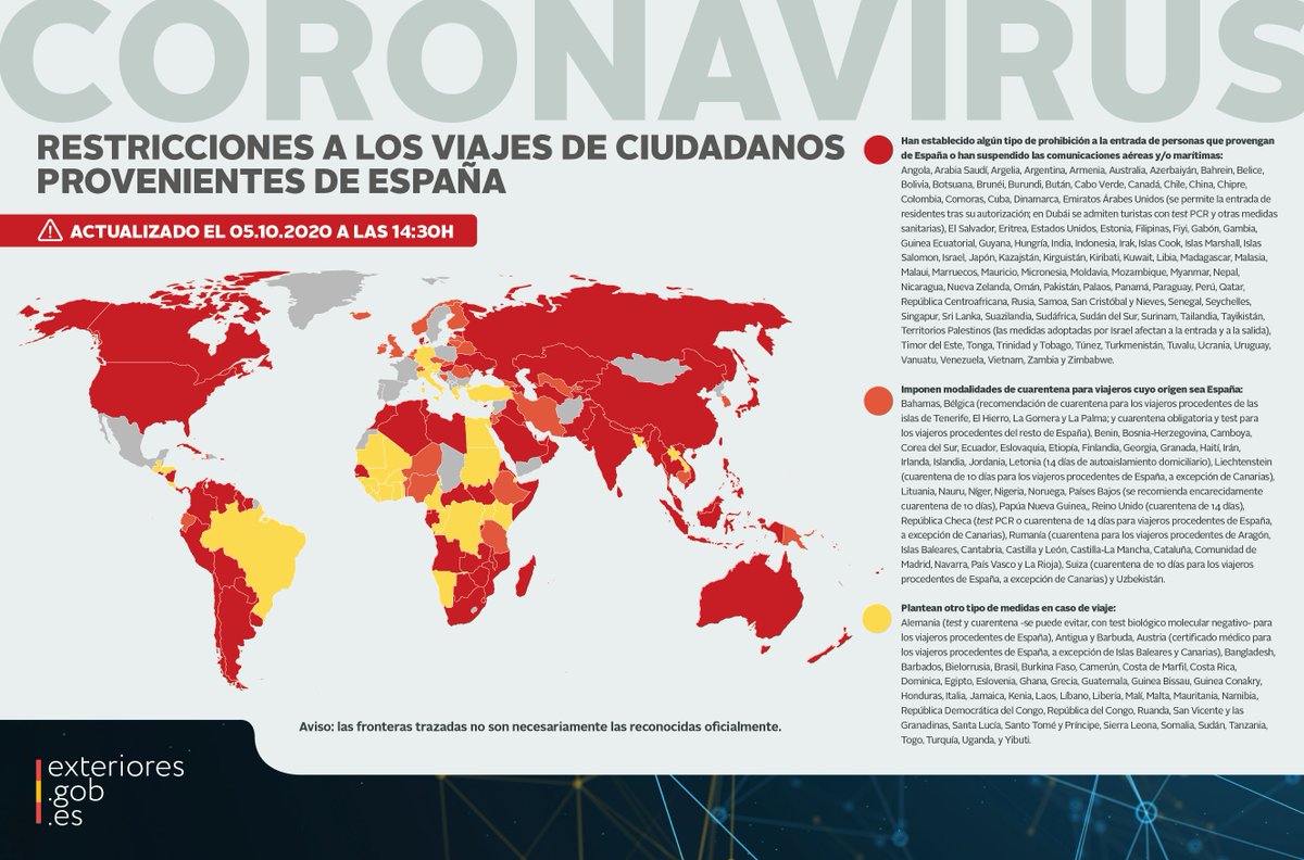 MAECgob's tweet photo. ✈️🚫 Restricciones a los viajes de ciudadanos provenientes de #España ⤵️

ℹ️ Consulta en nuestra web la lista actualizada a las 14:30 horas de hoy:

➡️ https://t.co/jwj4h35eJJ https://t.co/atUKGfLUYO