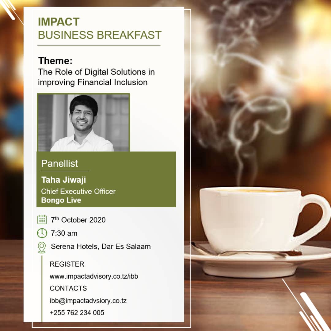 alifyaganijee's tweet photo. Meet @BongoSMS's CEO @tahajiwaji at the Impact Business Breakfast hosted by @impactadvisory_ 

Learn more about the role of Bongo Live's Digital Transactional and Financial Services Platform in enhancing Financial Inclusion

#fintech https://t.co/8s2LWNCgNF