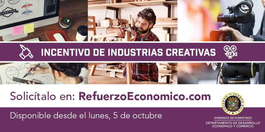 ¡Solicita hoy el Incentivo para Industrias Creativas! Si te desempeñas dentro de este grupo como entidad y/o por cuenta propia (artesano, asistente de producción, diseño, publicidad, entre otros), ya está disponible la solicitud a través de refuerzoeconomico.com. #desarrolloPR