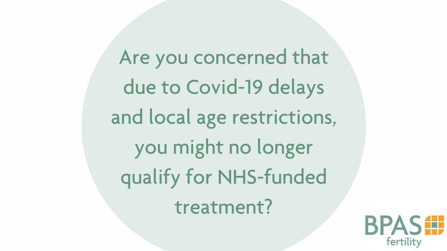 BPAS Fertility (@bpasfertility) on Twitter photo Has your fertility treatment been delayed by Covid-19? Are you concerned that due to delays and local age restrictions, you might no longer qualify for NHS-funded treatment? If you feel comfortable sharing your experience, please email policy@bpas.org Has your fertility treatment been delayed by Covid-19? Are you concerned that due to delays and local age restrictions, you might no longer qualify for NHS-funded treatment? If you feel comfortable sharing your experience, please email policy@bpas.org