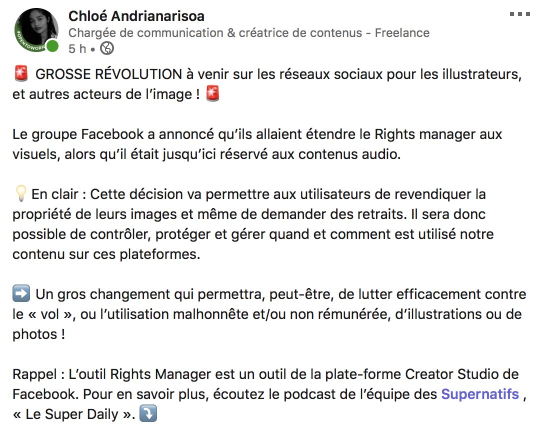 #illustratrices, #illustrateurs, #photographes ! Gros changement pour vous, décrypté par @supernatifs : les droits d'auteur des visuels sur #Instagram et #Facebook vont changer.
https://t.co/dOsxRzufJC https://t.co/1iUfxPeyGc
