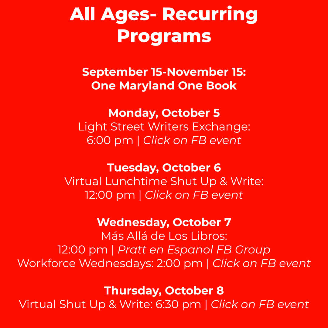 Writers LIVE! and the One Book Baltimore Book launch! We've got an exciting week #atthepratt. Take a look at what's in store.