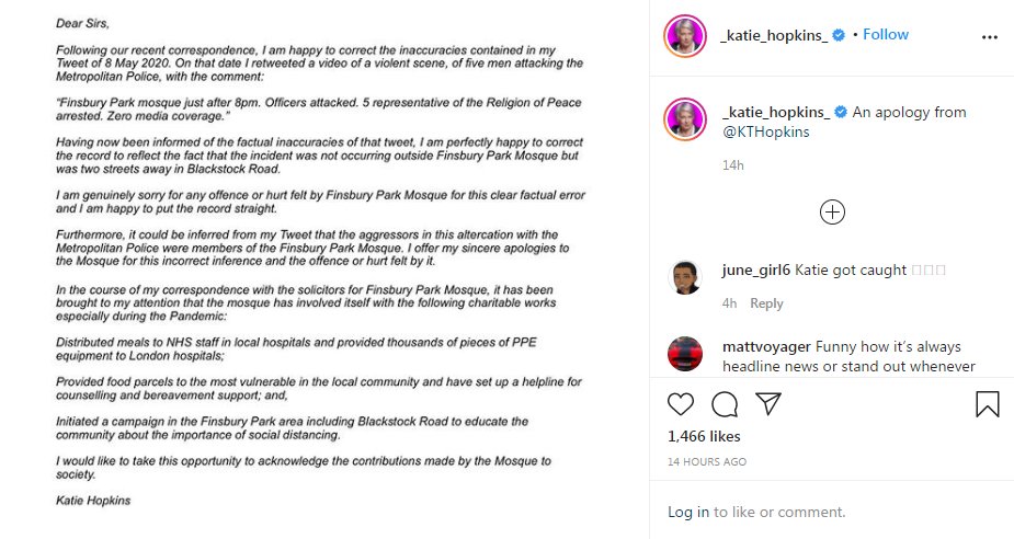 Wouldn't usually give Katie Hopkins the oxygen of publicity, but Finsbury Park Mosque engaged its lawyers over a false tweet by Hopkins and has forced her into one of the longest/fullest apologies I've seen for such a post

Even had to acknowledge the good work the mosque does
