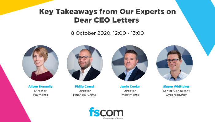 FSCom1's tweet photo. Register for this free discussion today where our key experts Jamie Cooke, Alison Donnelly, Philip Creed and Simon Whittaker discuss the key takeaways from the recent Dear CEO letters from the FCA  https://t.co/ra8zibqqet #dearceoletter #safeguarding #fincrime #payments #emoney https://t.co/GZ5gwirFUv