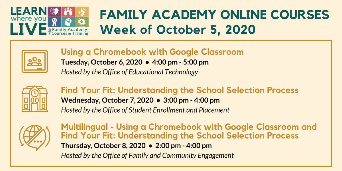 sdpFACE's tweet image. This week&apos;s Family Academy Online workshops:

💻 Chromebook with Google Classroom
🏫 Understanding School Selection
🌐 Multilingual Combined Session

For session descriptions and information on how to join, visit philasd.org/face/fact

#LearnWhereYouLive