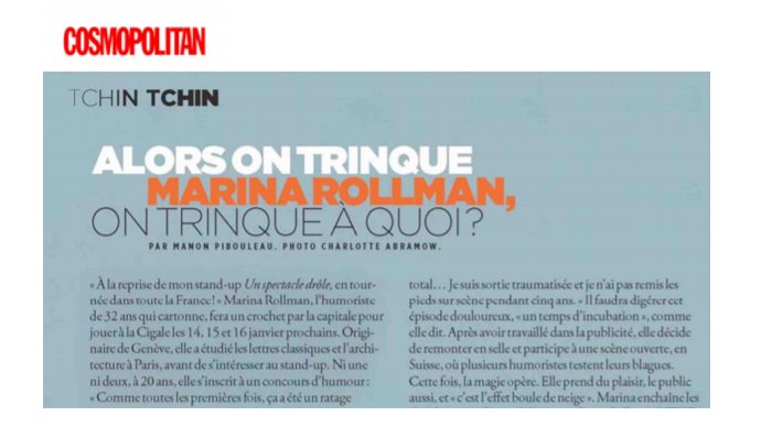 [<a href="/Cosmopolitan_fr/">Cosmopolitan France</a> 🗞️]

"Il faut faire fonctionner la plume et le cerveau. Parfois, avant de dormir, je me lève quatre fois pour
noter des idées." <a href="/marinarollman/">Marina Rollman</a> 

<a href="/ManonPibouleau/">Manon Pibouleau</a>

#LaDroledHumeurMarinaRollman le lundi à 11H20 sur <a href="/franceinter/">France Inter</a>
