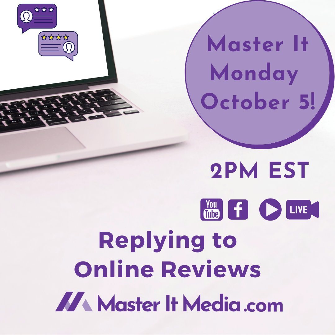 MasterItMedia's tweet image. Do you reply to online reviews?⭐⭐⭐⭐⭐ Whether the #onlinereview is good, bad, or in-between, you need to reply to the online review. Learn a few tips on how to reply to all types of online reviews. LIVE today Monday 10/5 2 PM EST ▶️bit.ly/3njbrCR #MasterItMonday