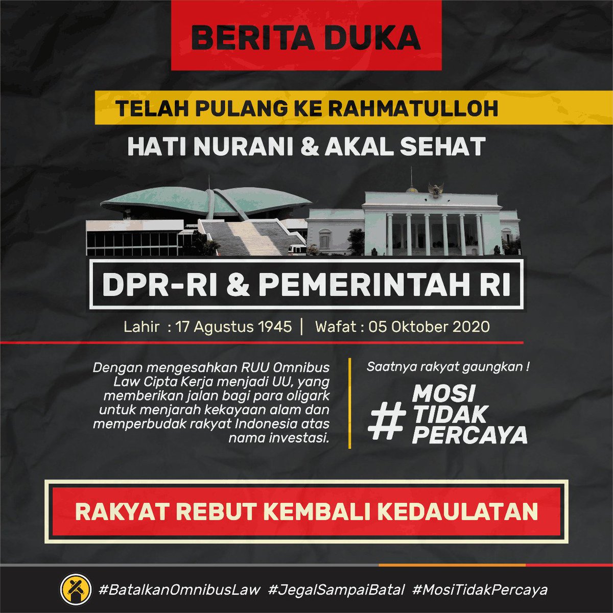 Mengajak kamu untuk semakin menyuarakan dan memperluas Mosi Tidak Percaya ini. Lakukan aksi-aksi baik di dunia maya mau pun dunia nyata untuk menggagalkan Omnibus Law

#BatalkanOmnibusLaw 
#JegalSampaiGagal 
#JEGALSAMPAIBATAL  
#adildanLestari
#PulihkaIndonesia
#WALHI