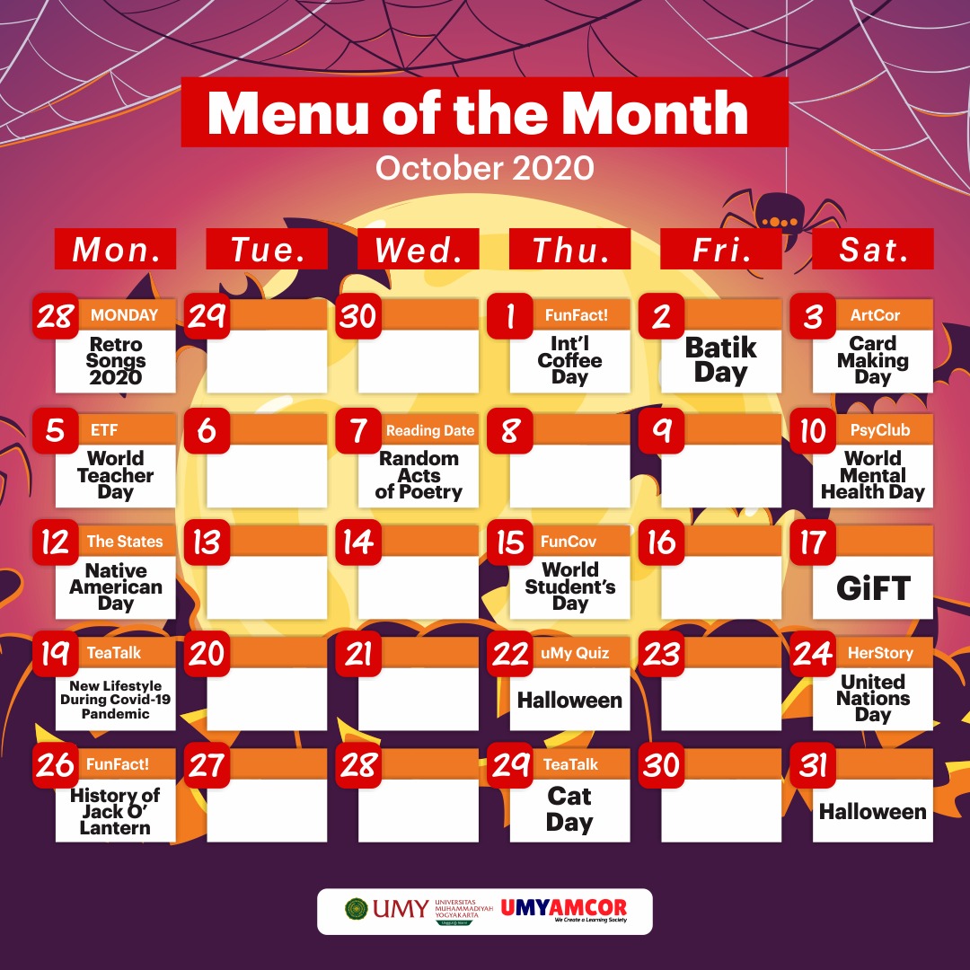 Our program is back! This is Menu of The Month for September-October 2020.

Mostly our program is online, so stay tune on our social media.

#wecreatelearningsociety #dailyprogram