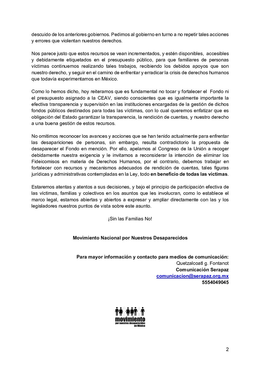 📢 Las familias de personas desaparecidas urgimos a <a href="/Mx_Diputados/">H. Cámara de Diputados</a>  a NO ELIMINAR el Fondo de Ayuda, Asistencia y Reparación a cargo de la <a href="/CEAVmex/">CEAV</a> pues repercutiría en los derechos y condiciones de vida adecuadas de todas las víctimas en México.

👉 bit.ly/2I1Iz1X