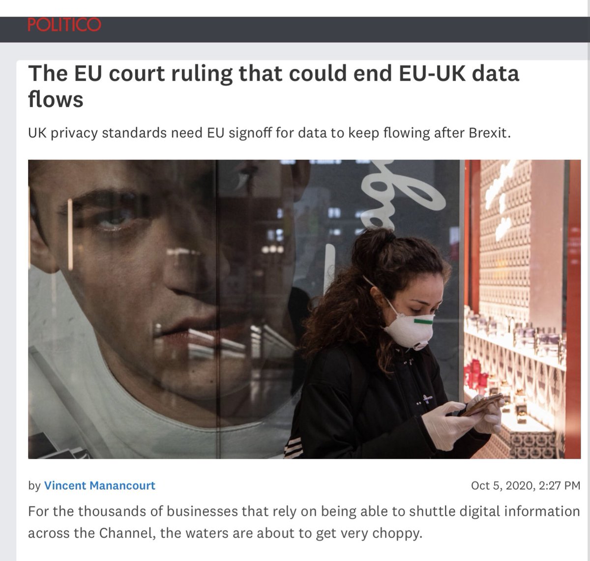 I have been been interviewed by  @vmanancourt  @POLITICOEurope on what could be the effects on EU-UK data transfers of the upcoming CJEU judgment in  @privacyint  #dataretention case. Important judgment to follow after  #SchremsII Read article here https://pro.politico.eu/news/the-eu-court-ruling-that-could-end-eu-uk-data-flows