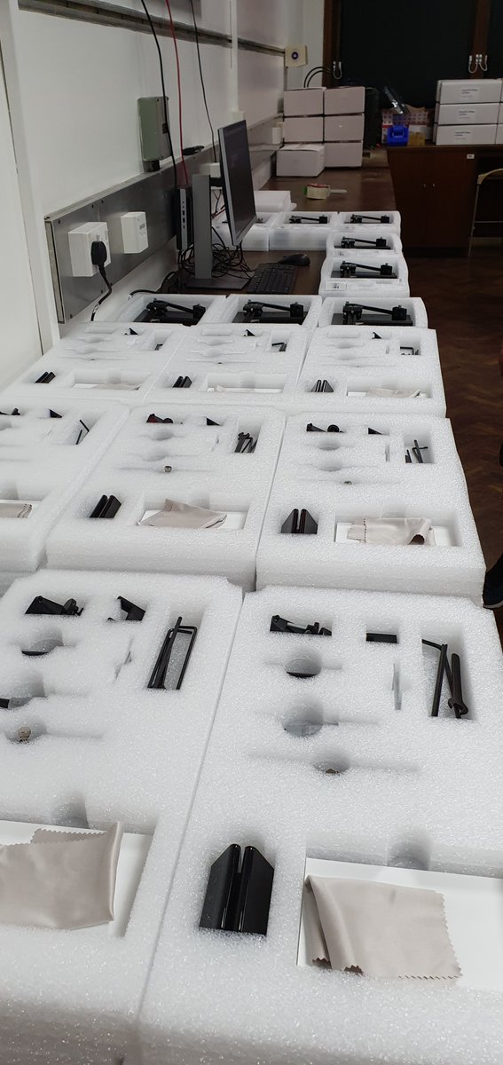 11 department 3D printers were used to create the parts needed for interferometry. Each Interferometer consists of 114 individual items assembled by hand. 458 boxes are ready to ship - that’s 1272 foam trays filled in 2 days, with an extra layer of foam on top for good measure...