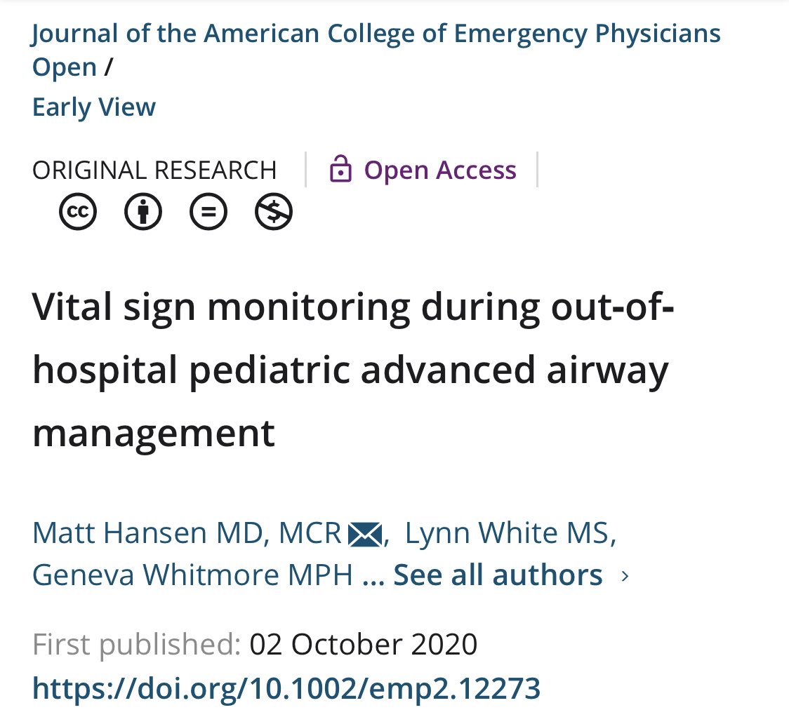 Important read for EMS. Bottom line: there are significant deficits in monitoring kids during prehospital airway management. Only 61% had pulse ox on when first RSI drug given onlinelibrary.wiley.com/doi/full/10.10…