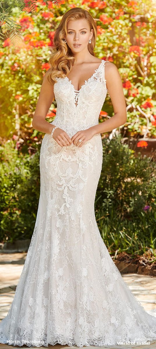 Martin Thornburg 2020 Sleeveless #lace, #embroidery and #tulle fit and flare #bridal #gown features corded lace with sequin and metallic thread #appliques, lace V-neckline over sweetheart bodice, keyhole back, covered buttons along zipper back.  bit.ly/2HQ8xVM