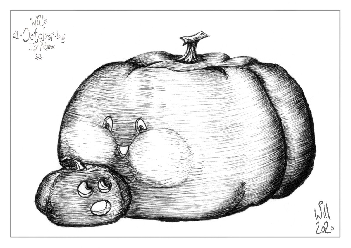 RKTpooldesign's tweet photo. “Oh my gourd.. you’re so bulky!”
“I will squash you!”
The 4th for the #carvings prompt of @drawtober with a pinch of #bulky 

#willsinkypics2020 #penandink #drawtober2020 #inkinginoctober #pumpkinpun https://t.co/k34nPy4Dgx